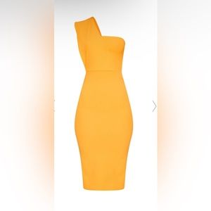 YELLOW ONE SHOULDER DRAPED MIDI DRESS